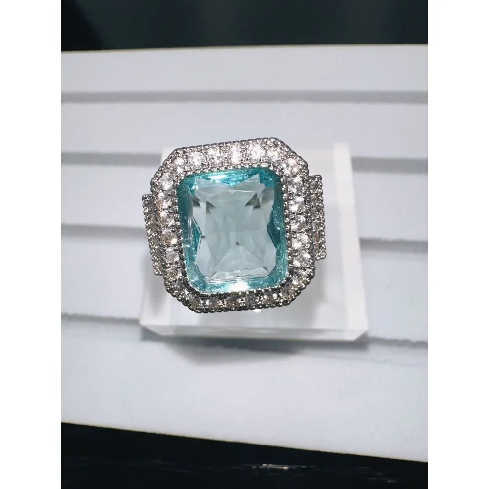 Aquamarine Cubic Zirconia White Crystal Ring Size 10